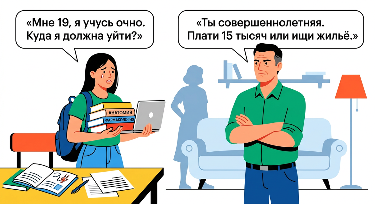 Всё о Дзене Вакансии Дзен на iOS и Android Ещё Эту статью может увидеть больше людей Настройте продвижение для привлечения внимания к публикации и роста числа подписчиков Настроить продвижение Я вправе ваш канал Перейти в Студию Второй муж выставил падчерице счёт: "Плати 15 тысяч за комнату или съезжай". Ей 19, она студентка-медик 2 дня назад 5094 7 мин Оглавление Обязан ли отчим содержать совершеннолетнюю падчерицу по закону? Может ли отчим выселить падчерицу из своей квартиры? А можно ли как-то обязать отчима не выселять, если мы в браке? Показать ещё Вчера муж сказал моей дочери: «Тебе 19, ты совершеннолетняя — плати 15 тысяч в месяц за комнату или ищи, где жить». Лиза заканчивает первый курс медицинского. А он смотрит на неё как на незваную квартирантку в собственной квартире. Мы с Андреем женаты три года. Квартира его, трёхкомнатная. Когда переезжали, он говорил: «Приезжайте с дочкой, места хватит всем». Вначале всё было нормально. Лиза поступила, мы радовались. Андрей даже подарил ей ноутбук на первое сентября. А потом начались придирки. Сначала мелкие: «Почему она так долго в душе?», «Опять свет не выключила», «Музыка мешает». Я думала, привыкание, бытовуха. Но три недели назад он заявил: «Я не обязан содержать чужого взрослого ребёнка. Пусть платит за коммуналку и свою долю продуктов». Я пыталась объяснить: она студентка, учится очно, подрабатывать некогда. Медицинский — это не шутки, там нагрузка сумасшедшая. Андрей отрезал: «Я в её возрасте уже работал. Пусть идёт хоть в кафе официанткой по вечерам». Переехать Лизе некуда. Моя мать живёт в другом городе, бросать учёбу — перечеркнуть два года подготовки и год поступления. По закону Лиза совершеннолетняя, и Андрей формально прав — он не обязан её содержать. Но по-человечески: это моя дочь, она не тунеядка, она учится. Я всегда помогала ей, но сейчас просто физически не могу снять ей отдельное жильё. С одной стороны, я понимаю Андрея. Это его квартира, он не подписывался на содержание падчерицы до конца её учёбы. Может, он действительно хочет, чтобы мы с ним жили вдвоём, без «третьего лишнего». С другой стороны, когда я выходила замуж, он знал, что у меня ребёнок. Дочь не может исчезнуть по щелчку пальцев только потому, что ей стукнуло 18. Должна ли моя дочь-студентка платить за проживание отчиму, или он обязан терпеть её присутствие, пока она не закончит вуз? Где кончается гостеприимство и начинается эксплуатация чужого жилья? Муж два года помогал падчерице, а теперь требует 15 тысяч в месяц: "Я не обязан содержать чужого взрослого ребёнка"