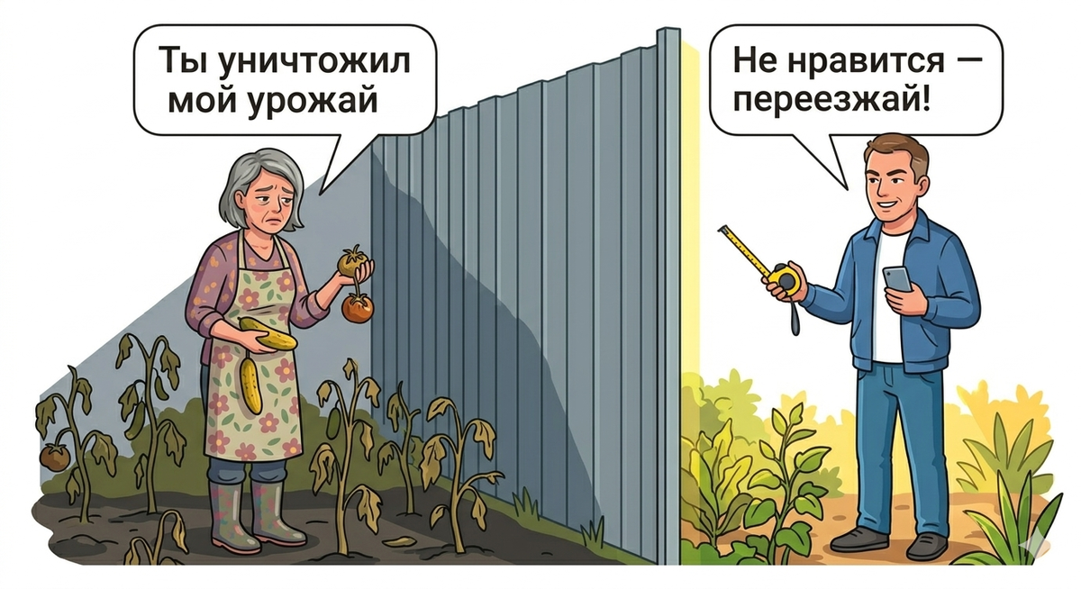 Забор соседа три метра — мои огурцы и томаты больше не растут. Он отказывается снижать: "Моя земля, что хочу, то и делаю"